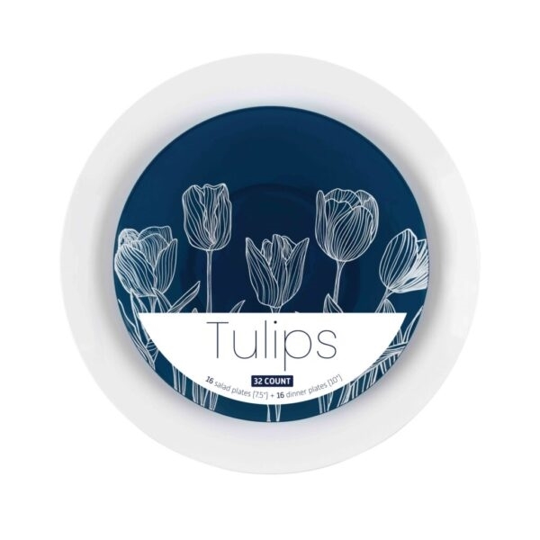 Combo Tulips White/Navy Blue Dinnerware 32 Count
