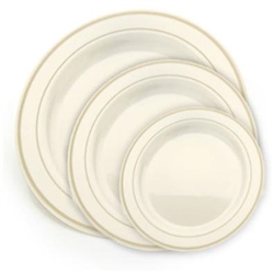 Ivory and Gold China Like Plastic Plates 120 Count, high end disposable dishware, discount luxury plastic party plates, heavy weight plastic designer plates for weddings or catered events