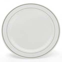 10" White and Silver China Like Plastic Plates 120 Count