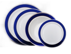 Glamour Collection White w/ Silver and Metallic Blue Plastic Plates - 120 Count - Choose Plate Size