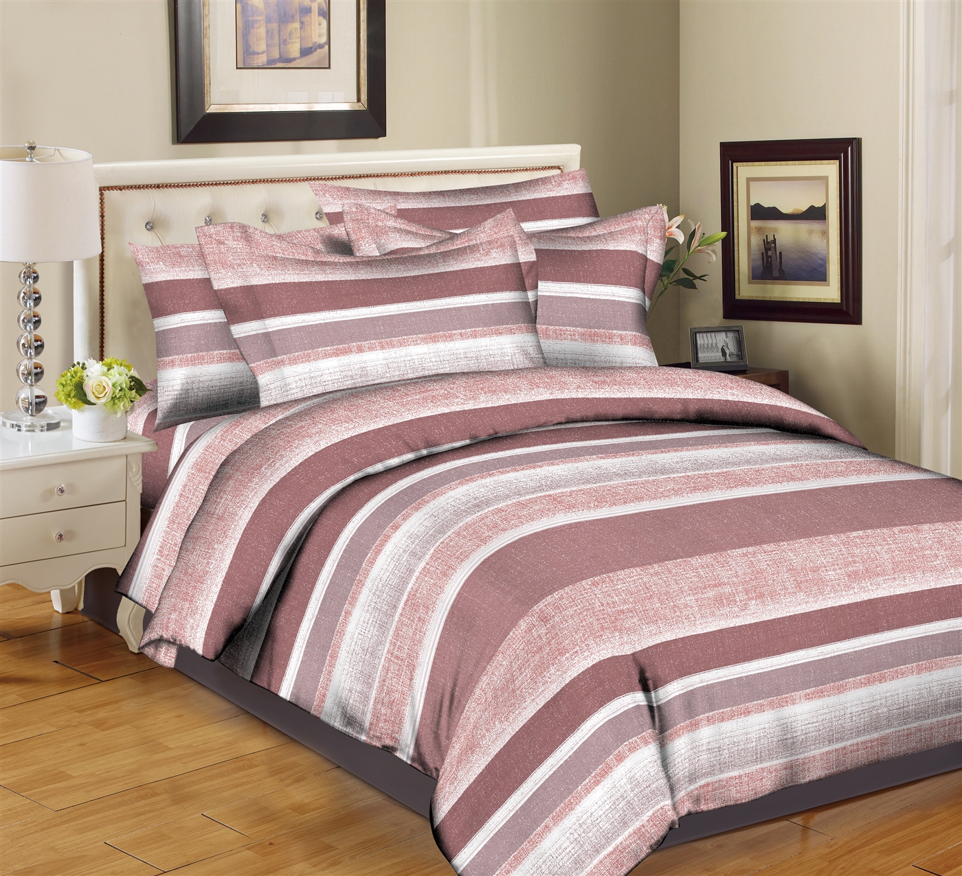 Better Bed Collection :Textured Strips-pink 8pc Bedding Set