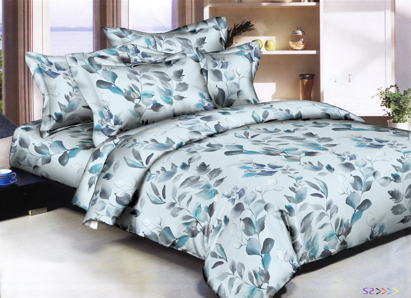 Better Bed Collection :Blue Leaves 8PC Bedding Sets - 300 Thread Count