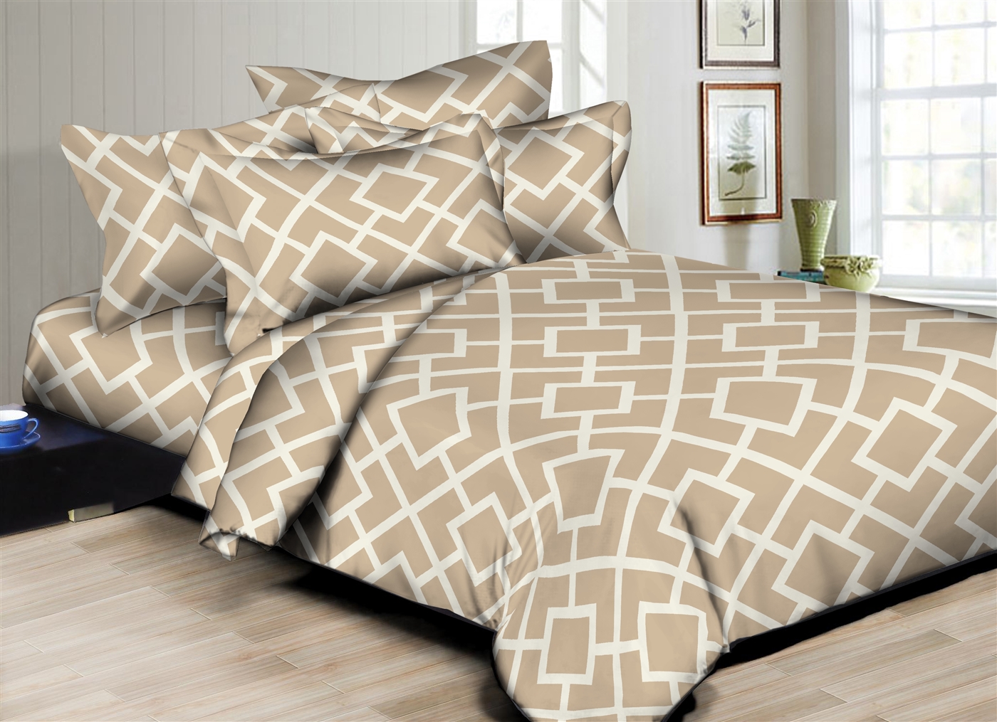 Better Bed Collection Interlocking Squares Taupe 8PC Bedding Sets - 300 Thread Count