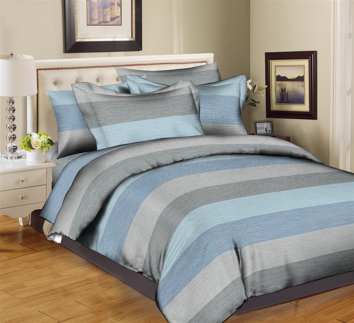 Better Bed Collection: Fine Lines- Blue 8PC Twin Bedding Set