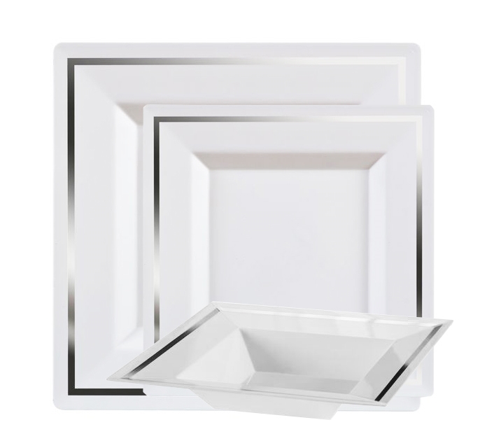 Imperial White and Silver Plastic Plates for weddings, Fancy disposable dinner party plates by the imperial collection