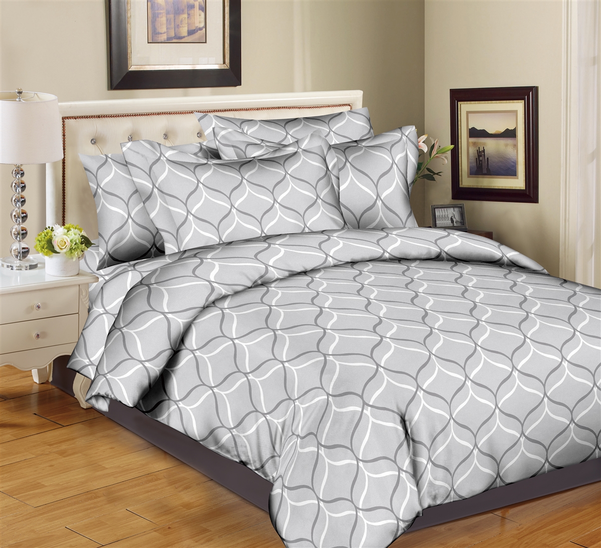 Better Bed Collection:  Interlocking Quilt- Grey 8PC Twin Bedding Set
