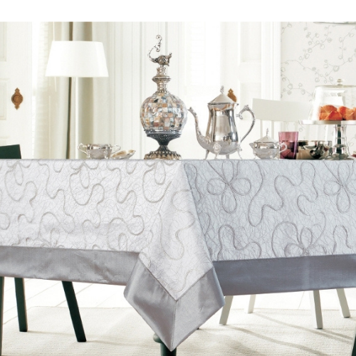 White and Silver Mesh Tablecloth w/ Floral Embroidery
