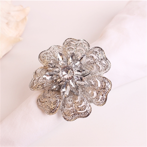 Silver Zinnia Flower with Crystals Napkin Ring, Decorative Table Accessories