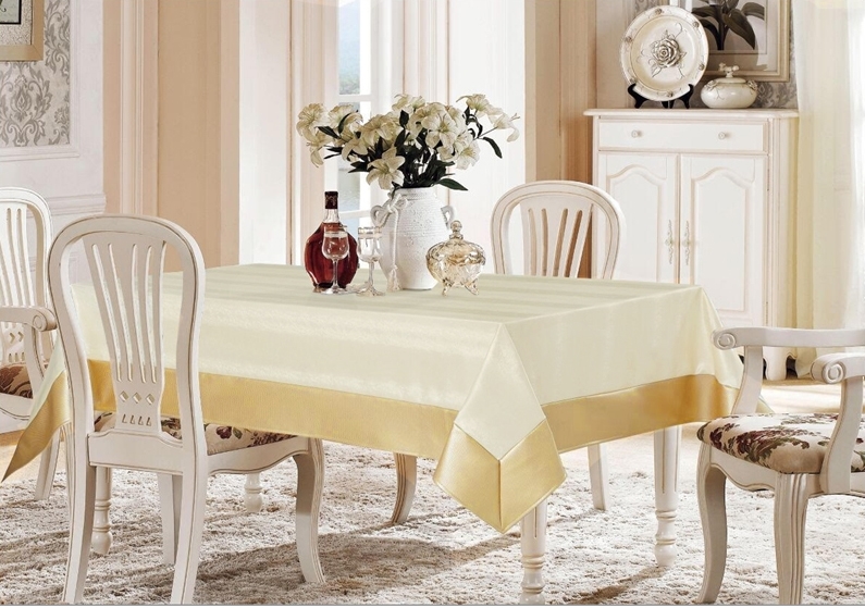 Avalon Ivory & Gold Faux Leather Tablecloth, Vinyl feel Ivory and Gold Tablecloth that is easy to clean