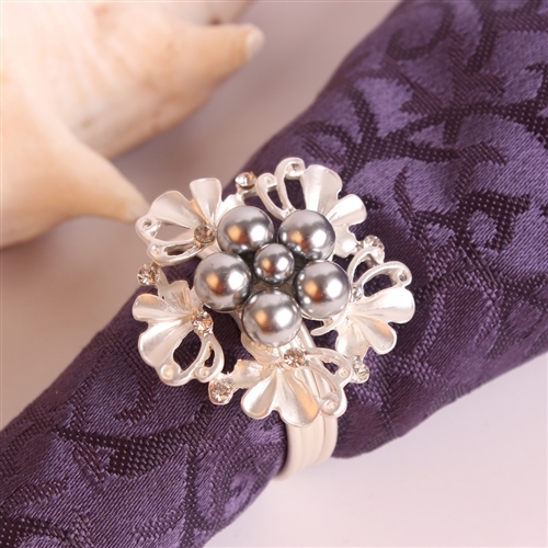 Silver Flower w/ Black Pearls Napkin Ring, Decorative Table Accesories