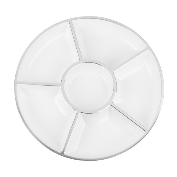 Six Section Round Tray in White w/ Silver Trim