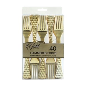 Gold Settings Hammered Forks Plastic Flatware - Set of 40