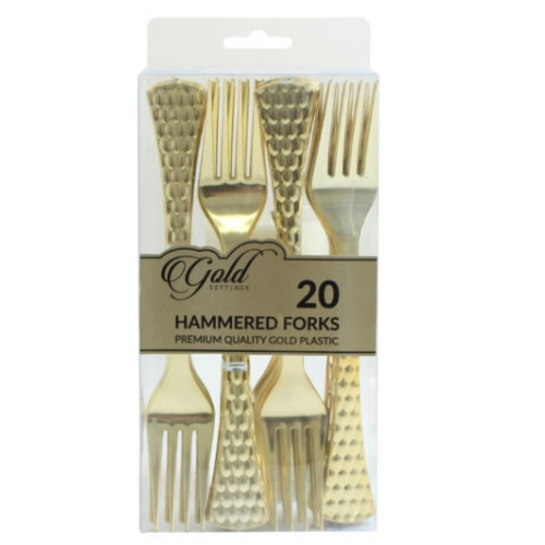 Gold Settings Hammered Forks Plastic Flatware - Set of 20