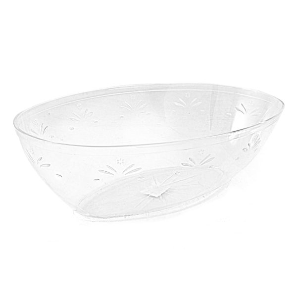 Large Oval Clear Plastic Serving Bowl With Engraved Floral Design.