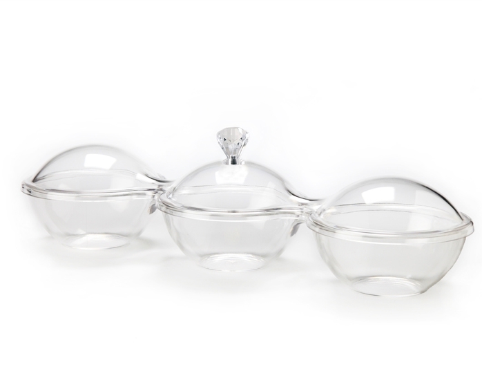 Clear Lucite 3-Section-Bowl Serving Tray with Lid