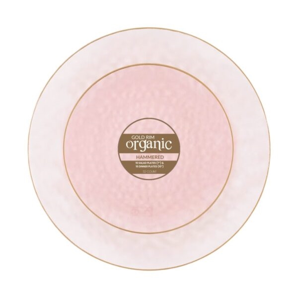 Gold  Rim Organic Hammered Dinnerware 32 Count Combo in Pink with Gold Rim