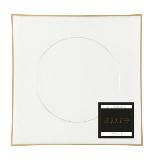 13" Square Flat Clear/ Gold Rim Chargers (4 Count)