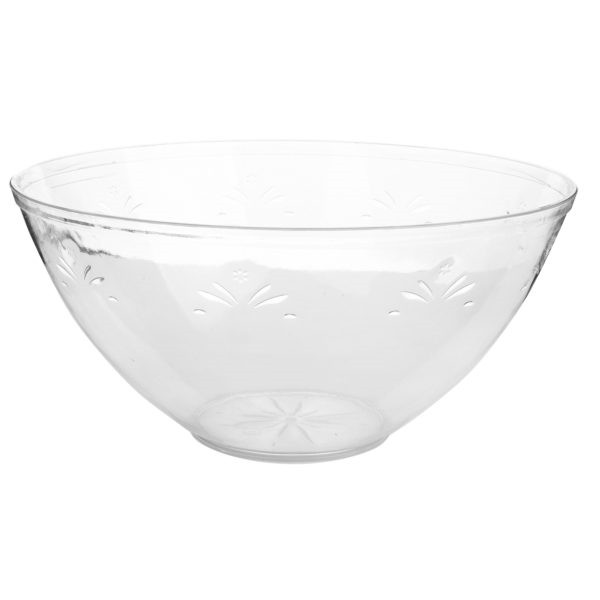 Large Round Plastic Serving Bowl With Engraved Floral Design.