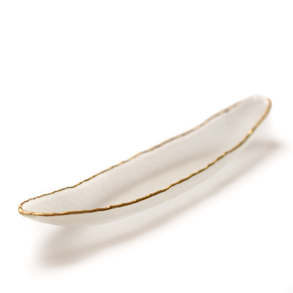 Long Oval Bowl in Frosted White Color with Gold Rim