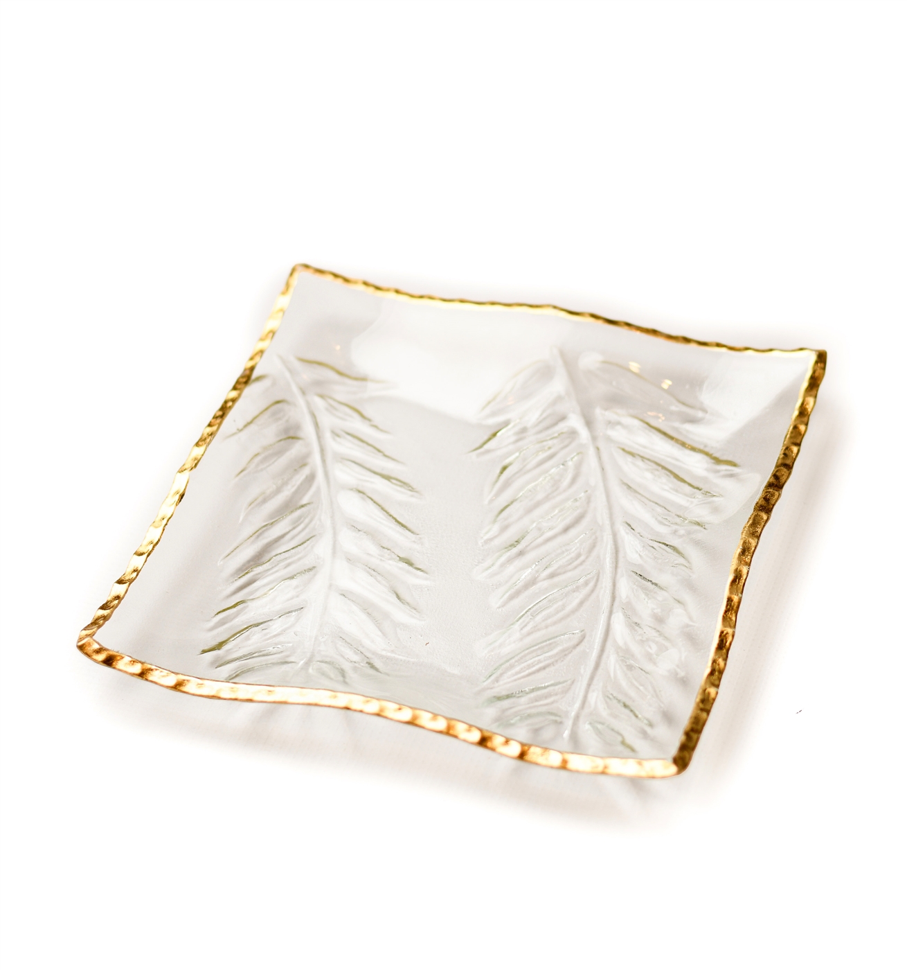 Clear Square Glass Tray with Gold Rim- Embossed Leaf Design