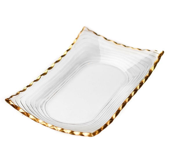 Clear Rectangular Tray  Bowl with Gold Rim