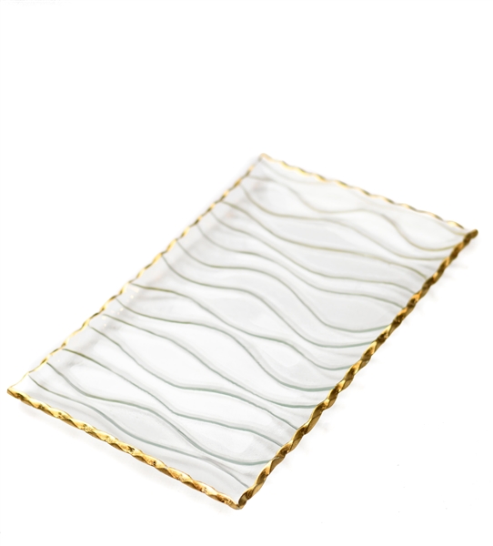 Clear Rectangular Wavy Glass Tray with Gold Rim-LG