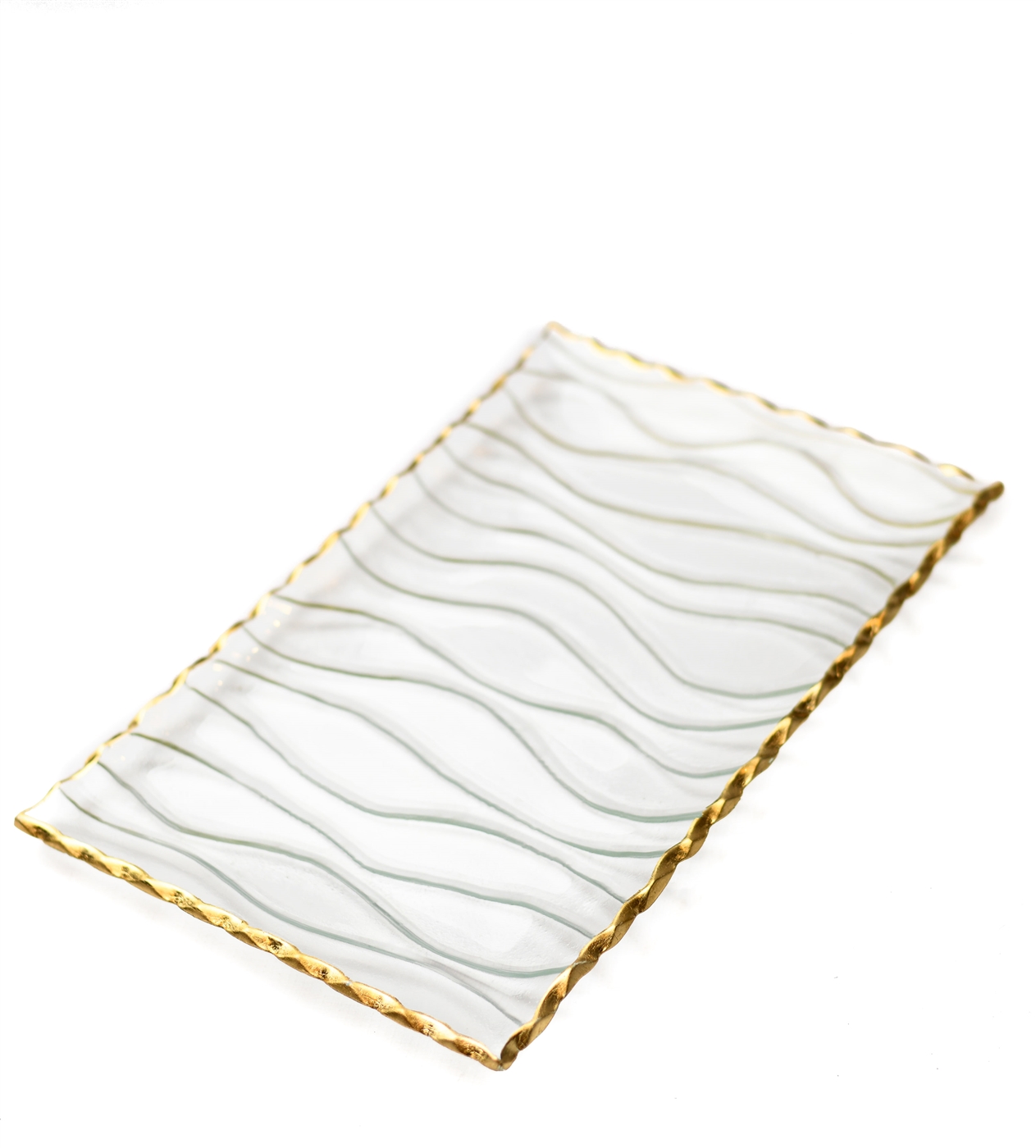 Clear Rectangular Wavy Glass Tray with Gold Rim-MD