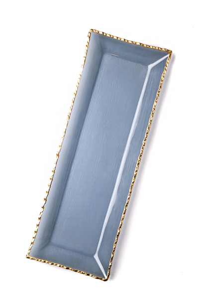 Blue Rectangular Glass Tray with Gold Rim