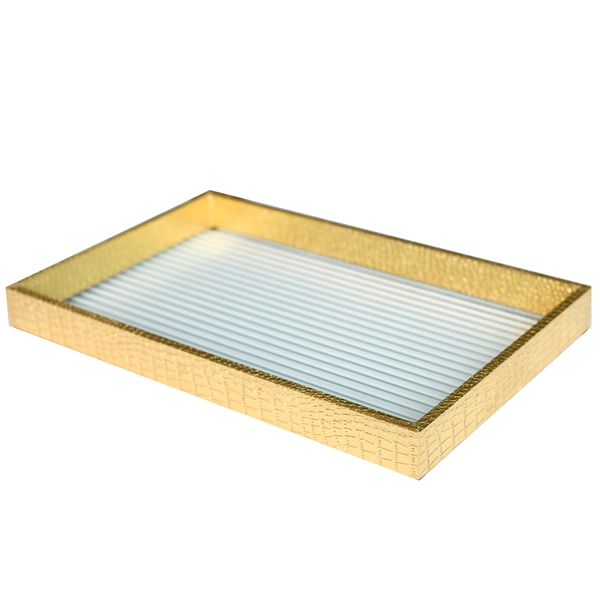 Gold Faux Leather Tray with Clear Glass Center