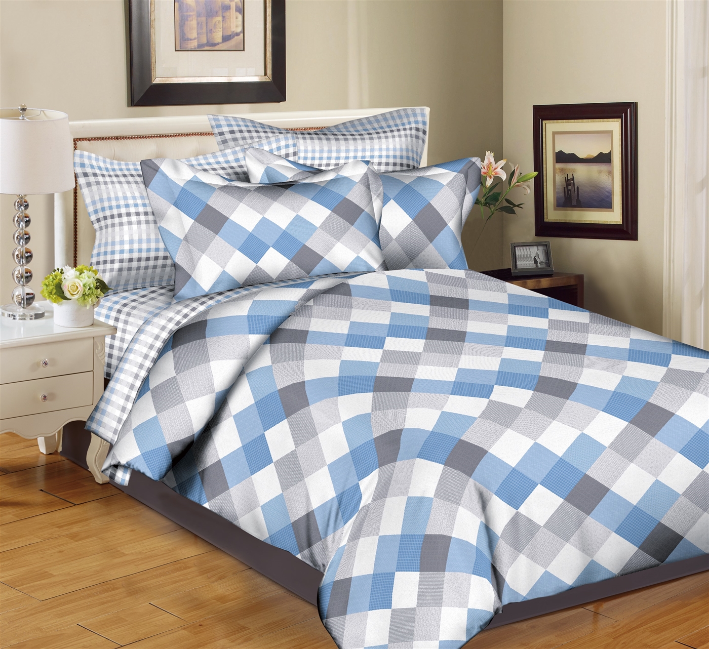 Better Bed Collection: Diamond Mix & Match Blue 8PC Bedding Sets - 200 Thread Count