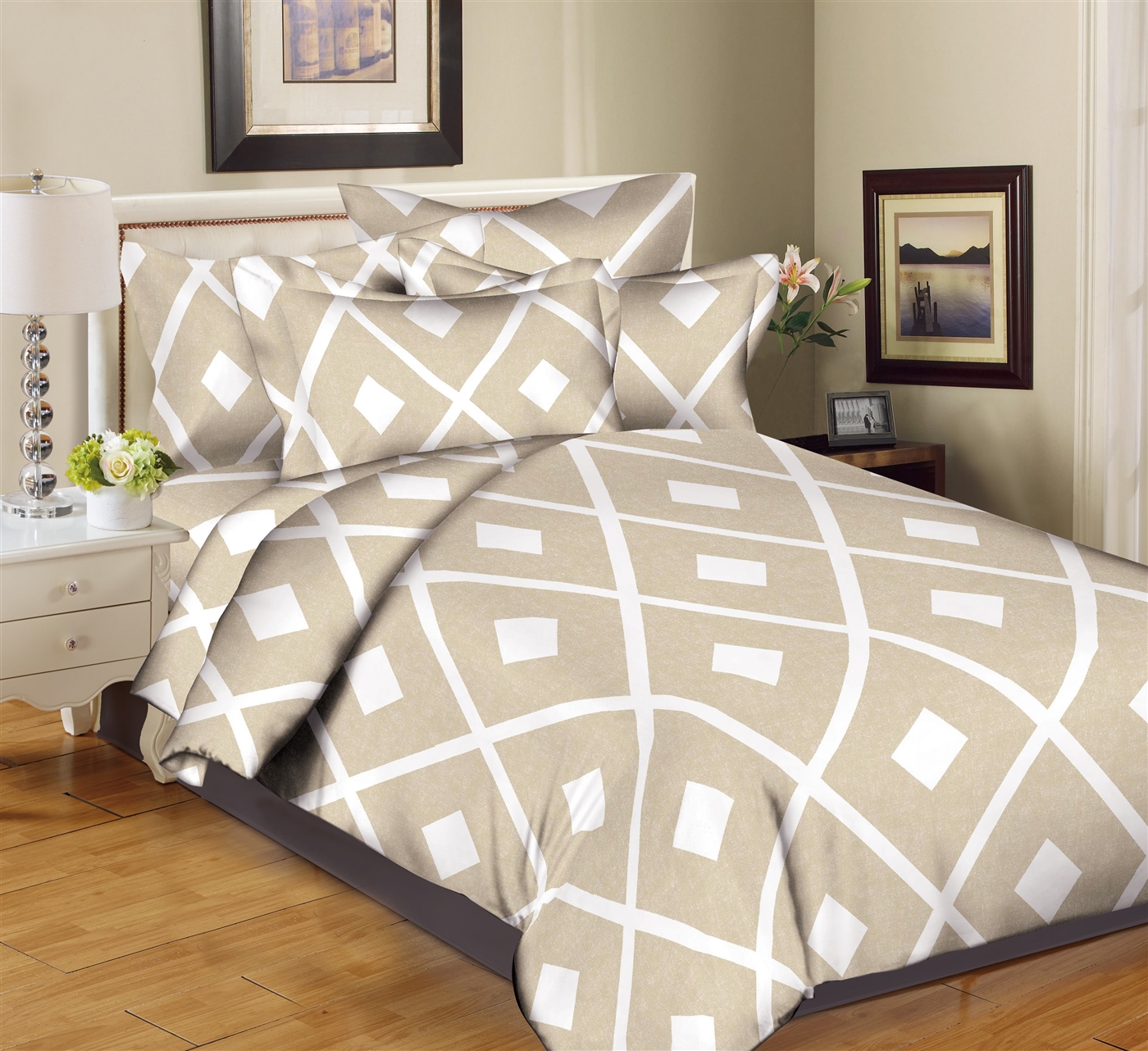Better Bed Collection: Diagonal Diamonds Taupe 8PC Bedding Sets - 200 Thread Count