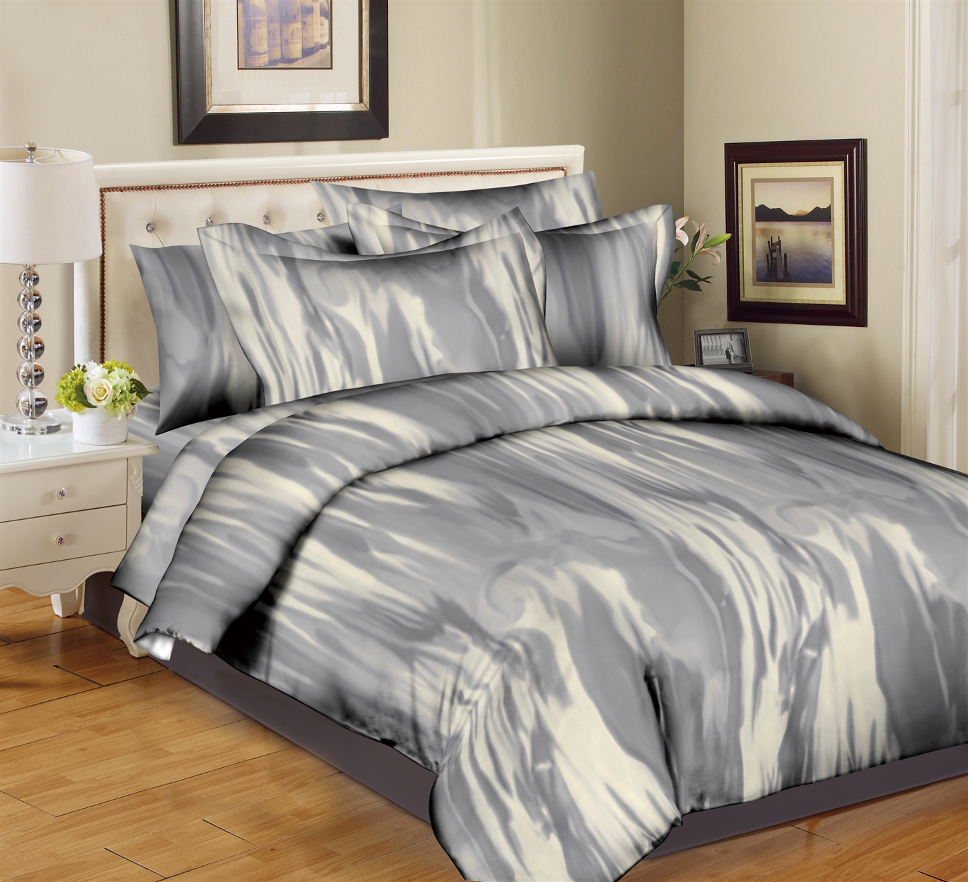 Better Bed Collection: Creamy Marble-Grey 8PC Bedding Sets - 200 Thread Count