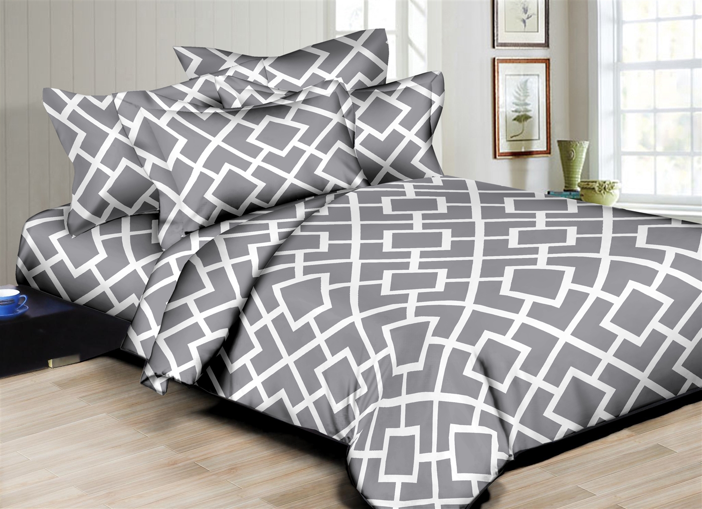 Better Bed Collection :Interlocking Squares- Grey 8PC Bedding Sets - 300 Thread Count