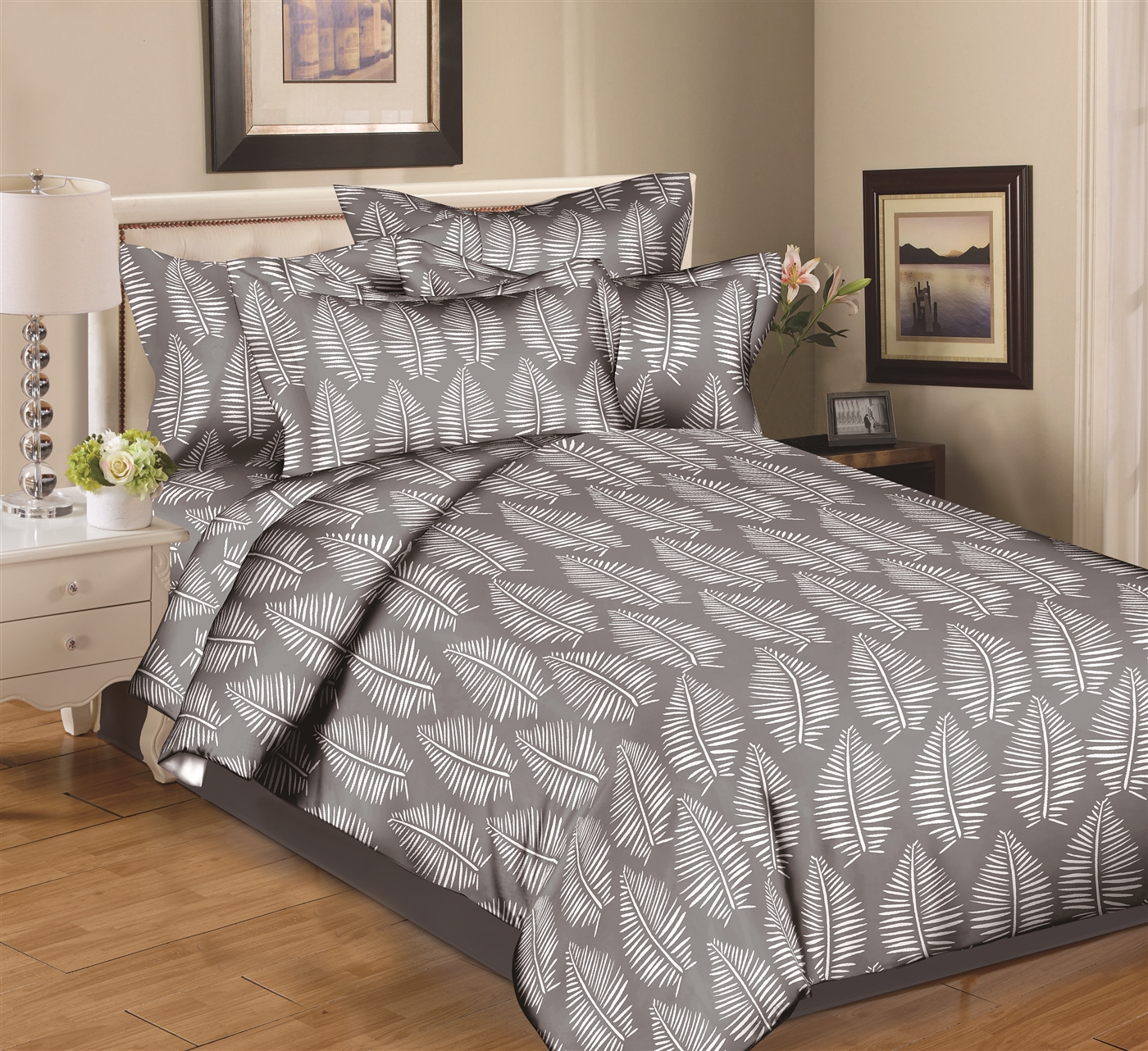 Better Bed Collection: Elm Leaves Gray 8PC Bedding Sets-200 Thread Count