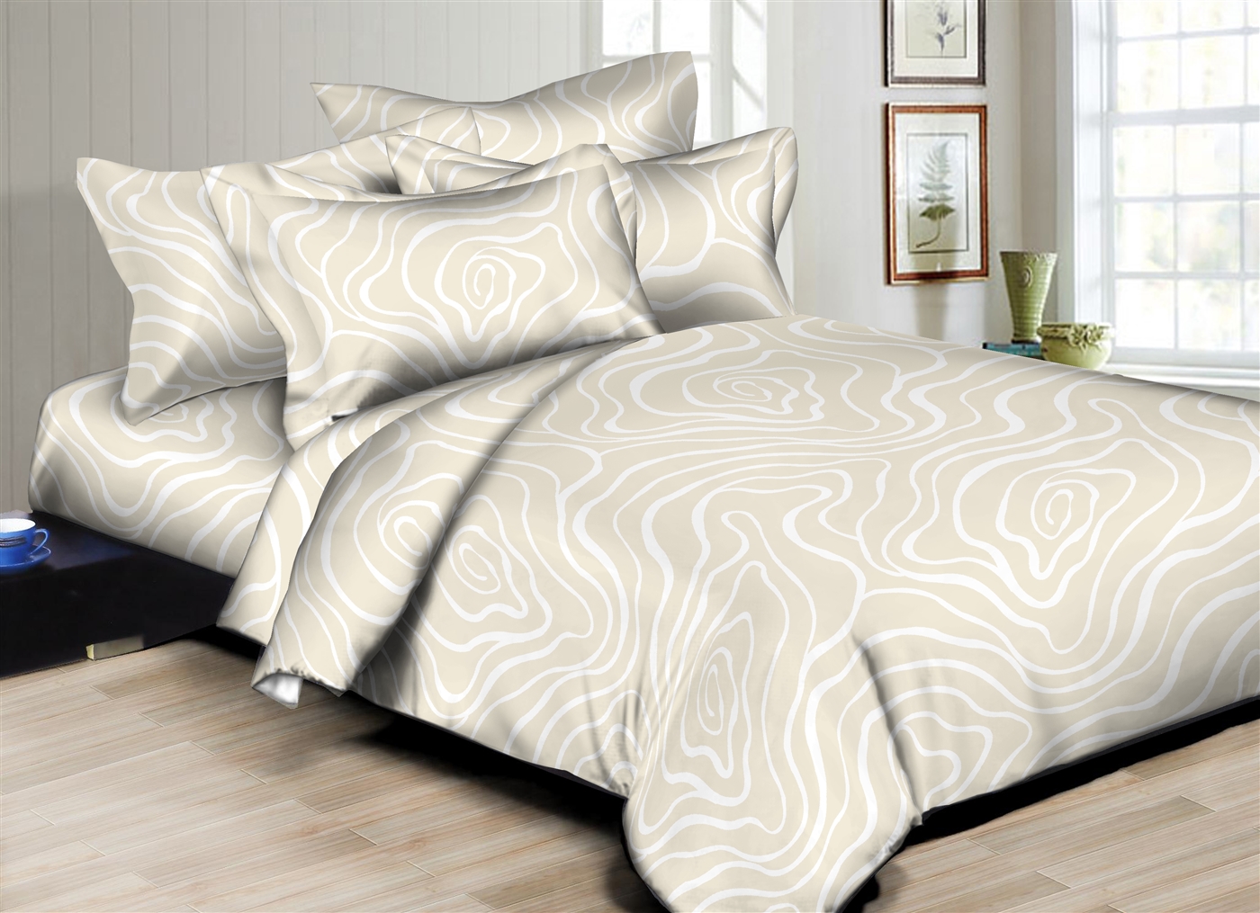 Better Bed Collection: New Dimension Beige 8PC Bedding Sets - 300 Thread Count