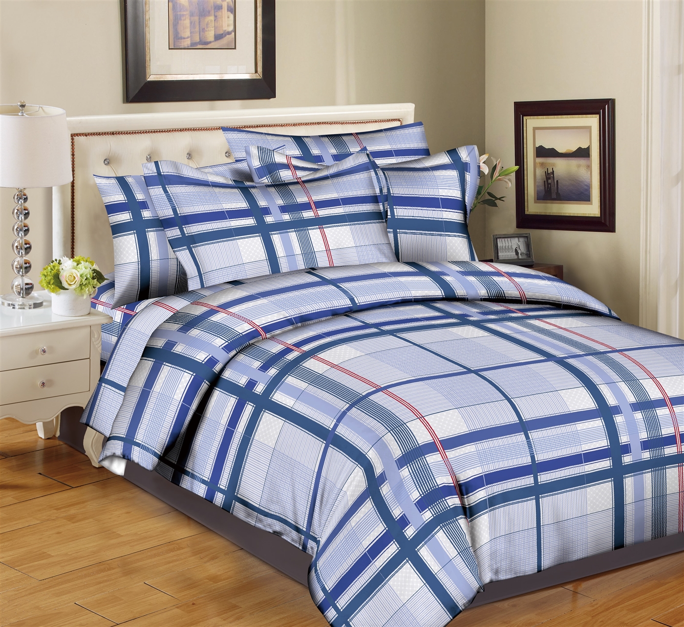 Better Bed Collection: Plaid Blue 8PC Bedding Sets - 200 Thread Count