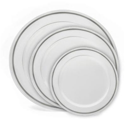 White and Silver China Like Plastic Plates 120 Count Case, case of high-end disposable dishware, discount luxury plastic party plates, heavy weight plastic china like plates for weddings or catered events.