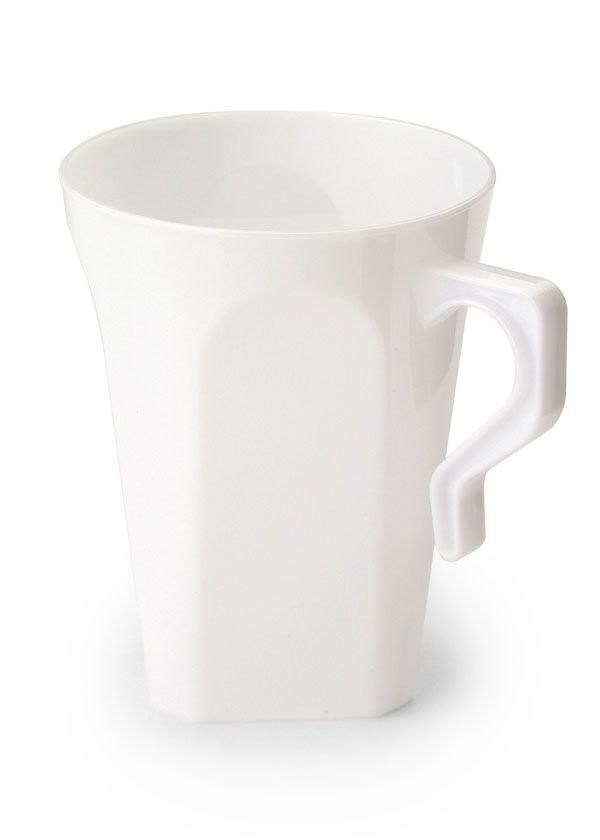 Box of 96 - Plastic Coffee Mug Disposable / Reuseable Drinking Cup with Handle (White)