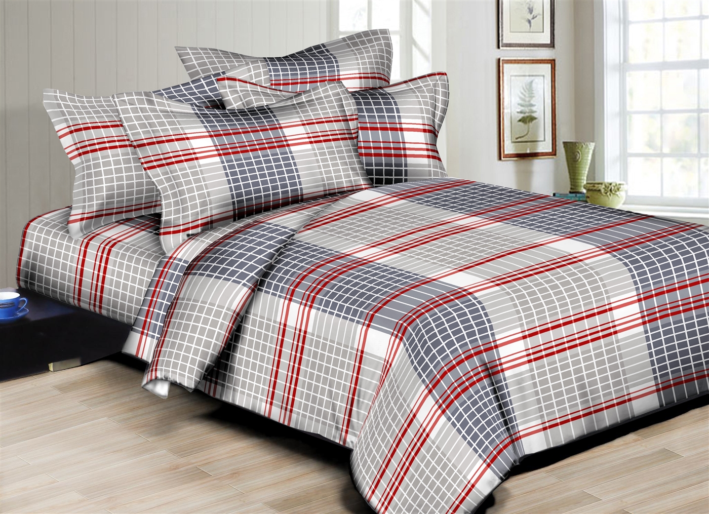 Superior Linen: Gray Plaid 6PC Twin Bedding Set