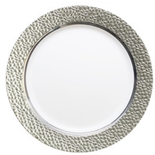 10.25" Hammered Collection White/Clear with Silver Border Plates, Discount Fancy Dinner Party Plates with Hammered Effect Design