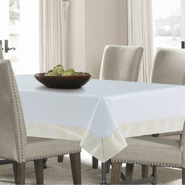White & Silver Faux Leather Tablecloth, Ivory and Gold luxury leather vinyl feel tablecloth, leather tablecloths, leather table linens, Monaco White and Silver Faux Leather Tablecloth