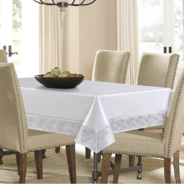 White & Silver Faux Leather Tablecloth, Ivory and Gold luxury leather vinyl feel tablecloth, leather tablecloths, leather table linens, Monaco White and Silver Faux Leather Tablecloth