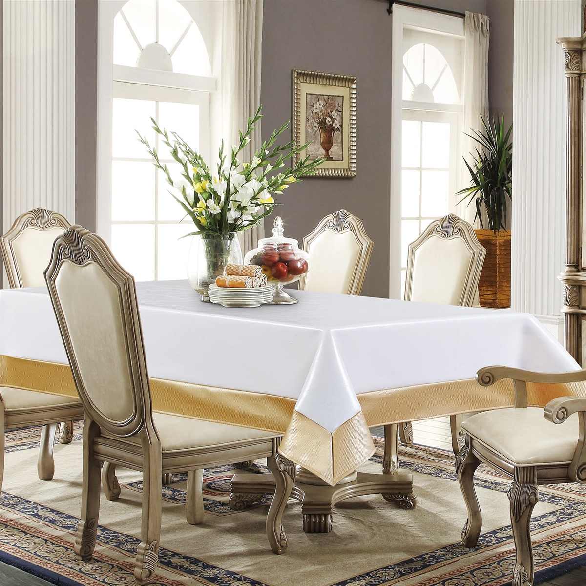 White & Gold Faux Leather Tablecloth, Ivory and Gold luxury leather vinyl feel tablecloth, leather tablecloths, leather table linens, Rivera White and Gold Faux Leather Tablecloth