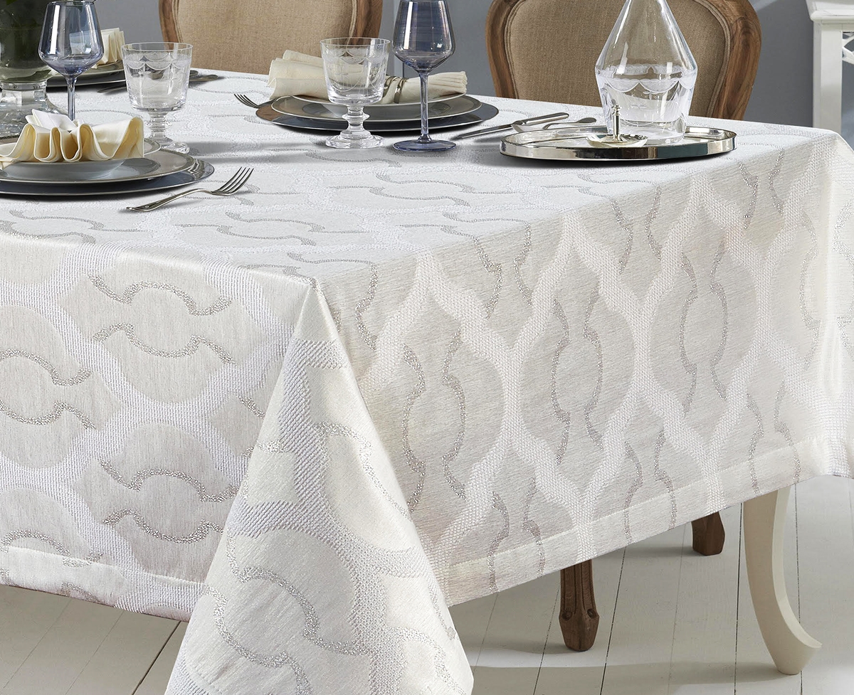 Sienna White Reversible Tablecloth, White Moroccan Pattern table linen reversible