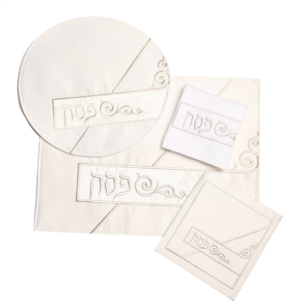 Off-White and White Sateen/Velvet Embroidered Passover 4PC Set