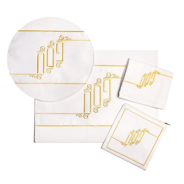 White and Gold Sateen Embroidered Passover 4PC Set