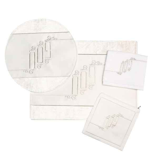 Off-White and White Sateen/Velvet Embroidered Passover 4PC Set