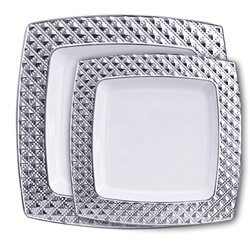 Decor Diamond Collection White/Silver Plastic Plates - 120 Count - Choose plate size