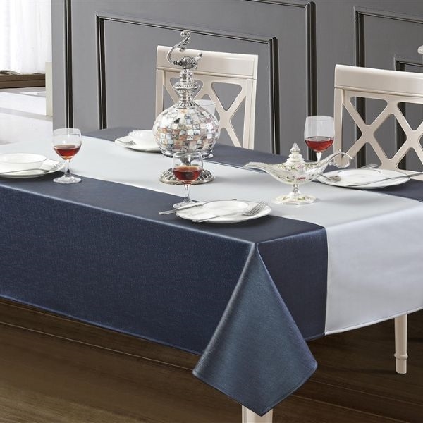 Windsor Deep Blue and White Silver Faux Leather Tablecloth, luxury pleather tablecloths, leather table linens